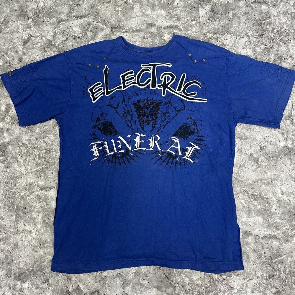 BLAC LABEL Electric Funeral Studded T Shirt Size 2XL NYC Metal Distressed Blue